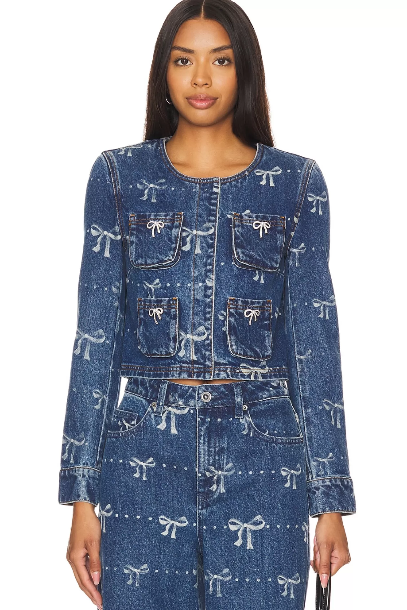 Bow Print Denim Jacket>self-portrait Best Sale