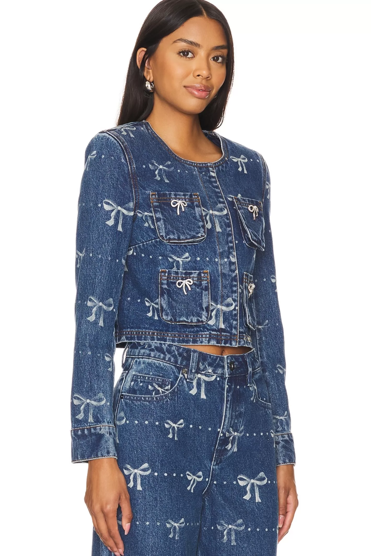 Bow Print Denim Jacket>self-portrait Best Sale