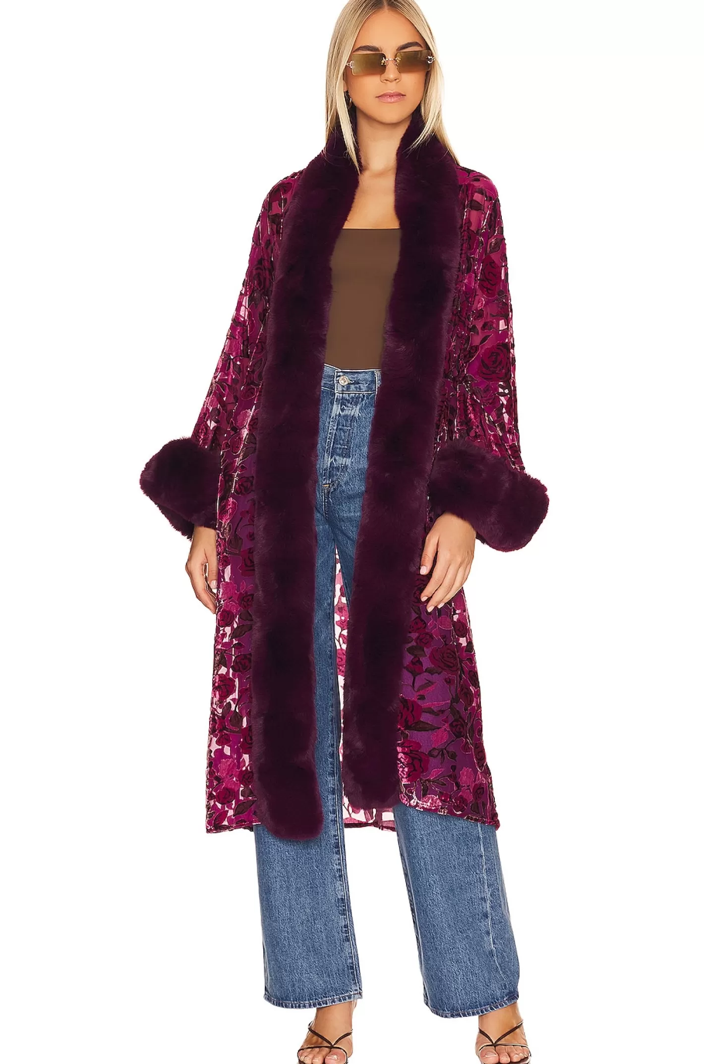 Burnout Velvet Faux Fur Coat>Adrienne Landau Fashion