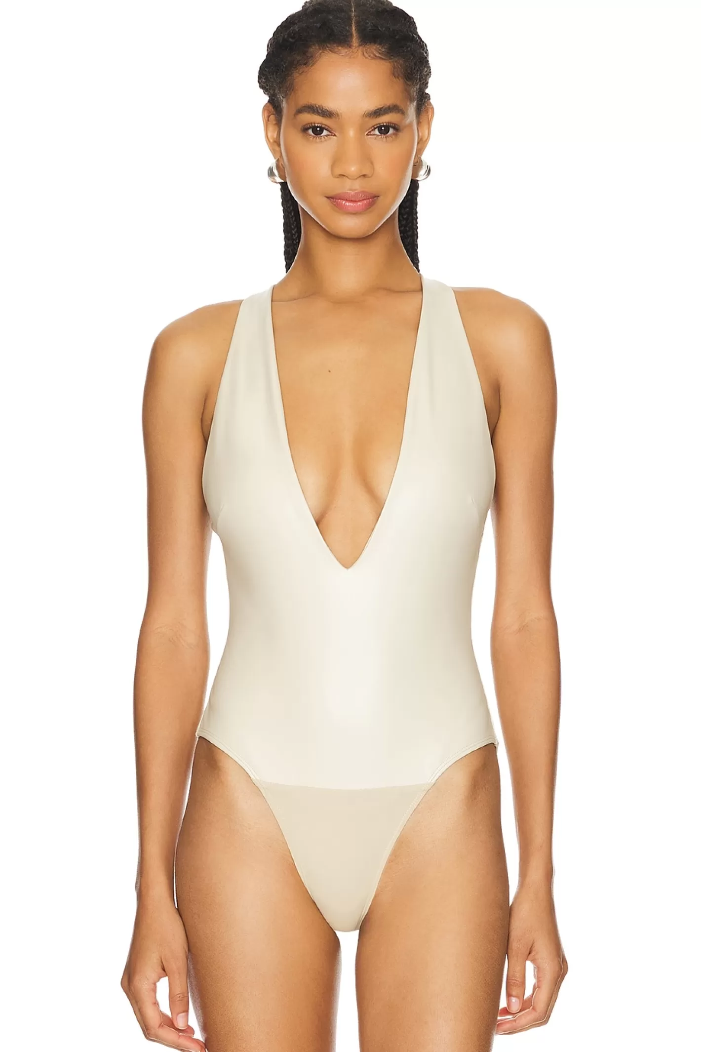 Faux Leather Plunge Neck Bodysuit>Lapointe Shop