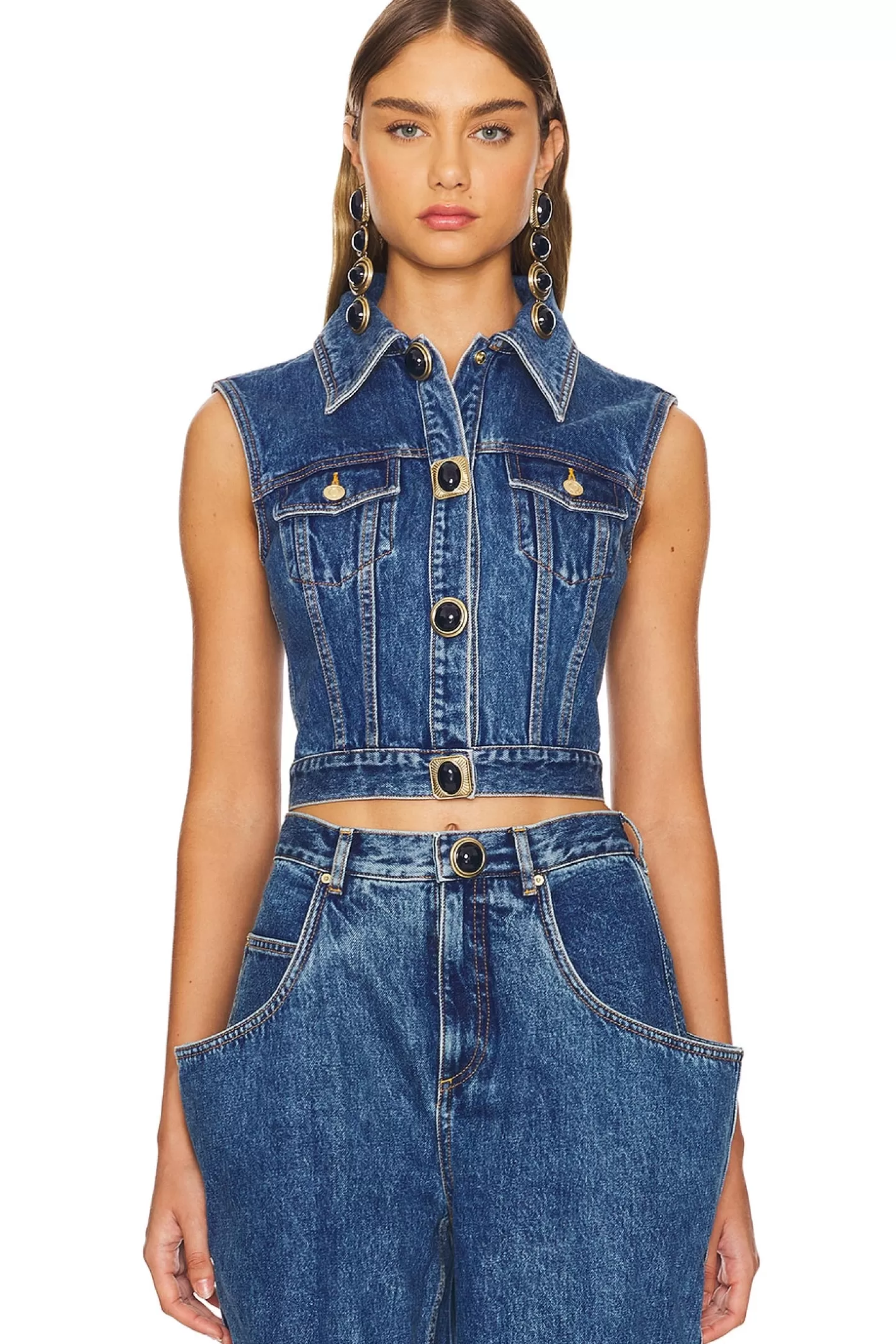 Gemstone Button Denim Gilet>AREA Fashion