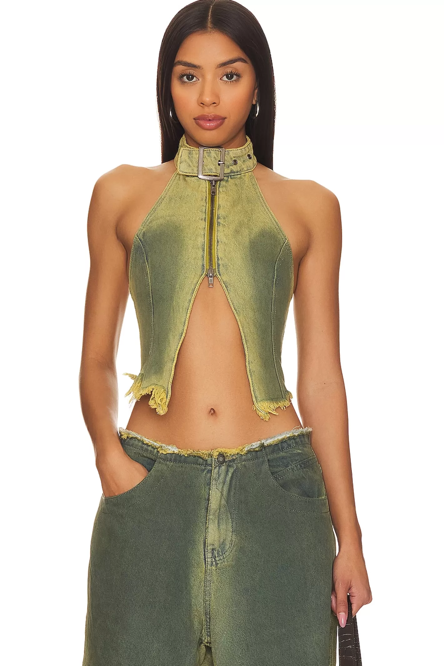 Green Denim Buckle Neck Top>Jaded London Outlet