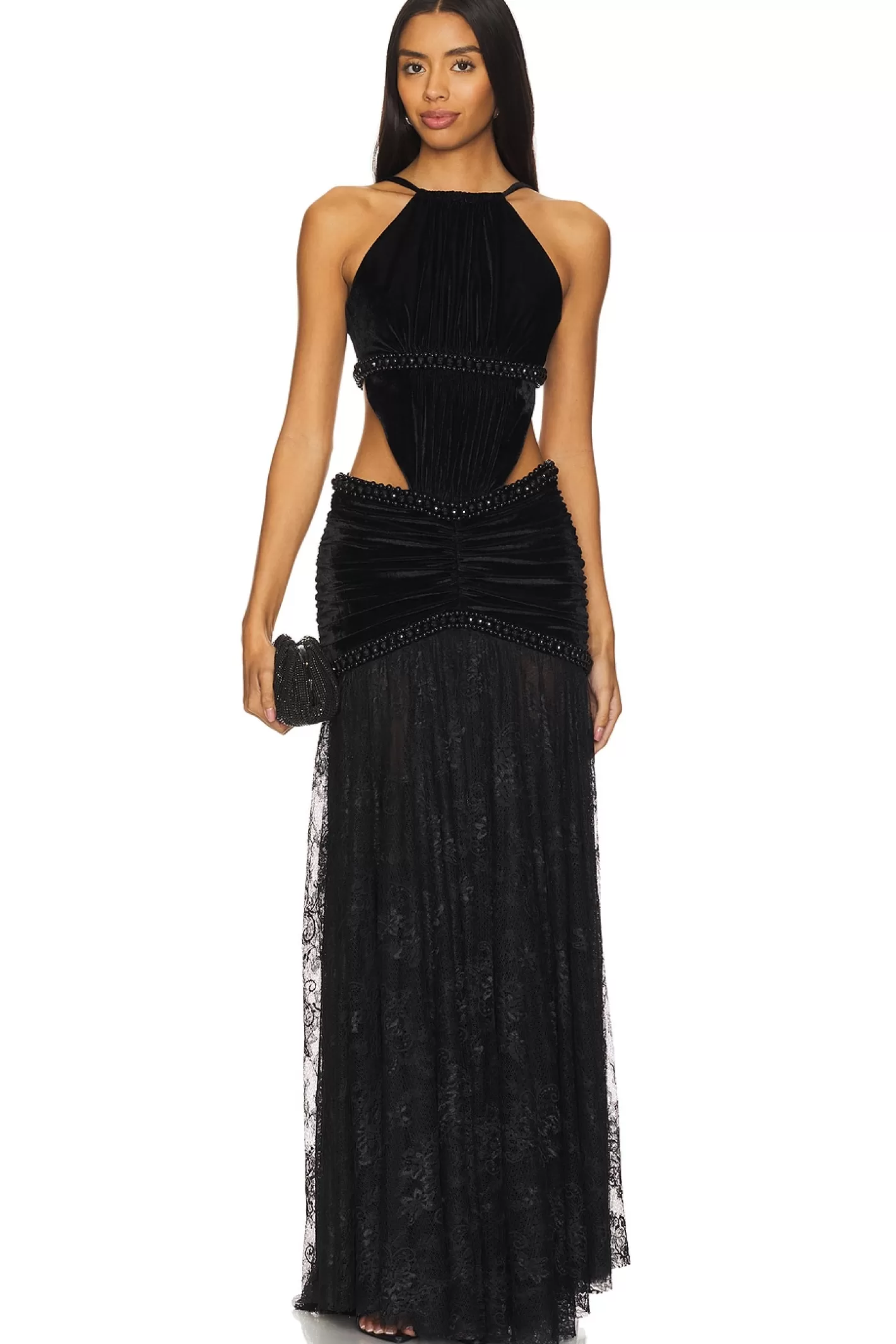 High Neck Velvet And Lace Gown>PatBO Hot