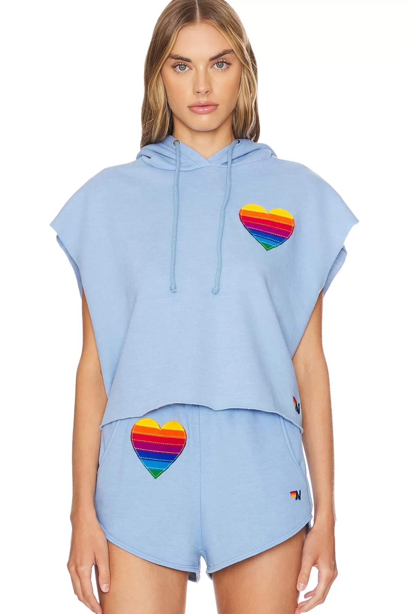 Rainbow Heart Stitch Sleeveless Cropped Hoodie>Aviator Nation Best