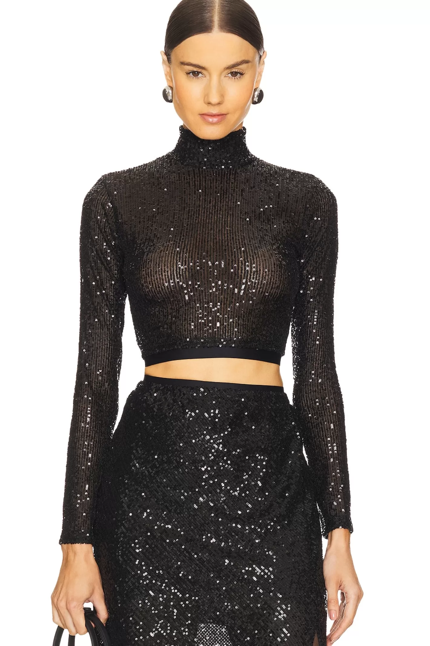 Sequin Cropped Long Sleeve Mock Neck Top>Enza Costa Cheap